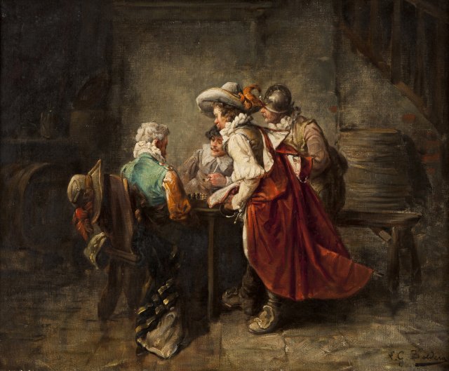 An interior scene with musketeers